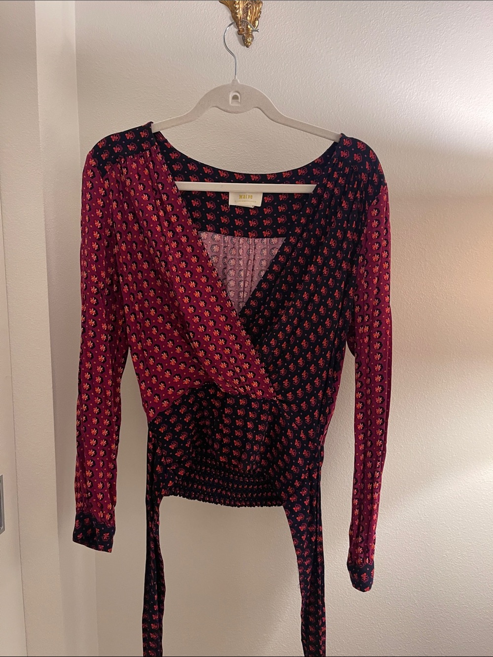 Anthropologie Two-Tone Wrap Blouse in Pink and Black